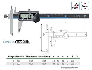 C2996163 RUPAC Digital Messschieber in Sonderausführung Serie Digitronic, mit verstellbarer Schnabel, Messbereich nach Wahl, IP40