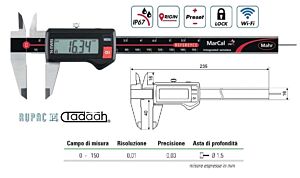 RUPAC 4103400 Calibro digitale Serie Mahr, con trasmissione dati wireless, asta di profondità Ø1,5 mm, campo di misura 0-150