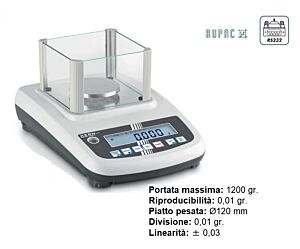 4780200 RUPAC Bilancia di precisione PFB 1200-2 con gabbietta antivento e piatto di pesata B, portata 1200g, divisione 0.01g, riproducibilità 0.01g, linearità ± 0,03