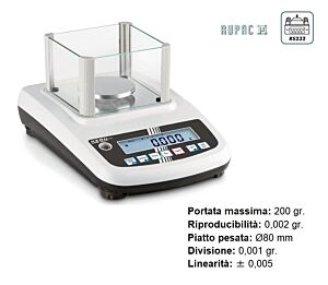 4780201 RUPAC Bilancia di precisione PFB 200-3 con gabbietta antivento e piatto di pesata A, portata 200g, divisione 0.001g, riproducibilità 0.002g, linearità ± 0,005