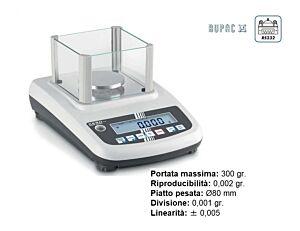 4780300 RUPAC Bilancia di precisione PFB 300-3 con gabbietta antivento e piatto di pesata A, portata 300g, divisione 0.001g, riproducibilità 0.002g, linearità ± 0,005