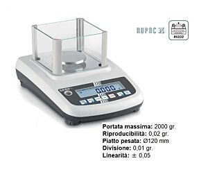 4780301 RUPAC Bilancia di precisione PFB 2000-2 con gabbietta antivento e piatto di pesata B, portata 2000g, divisione 0.01g, riproducibilità 0.02g, linearità ± 0,05