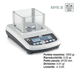 4780302 RUPAC Bilancia di precisione PFB 3000-2 con gabbietta antivento e piatto di pesata B, portata 3000g, divisione 0.01g, riproducibilità 0.02g, linearità ± 0,05