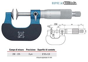 2753225 RUPAC Micrometro con superfici  di contatti a disco centesimale Serie MicroMet, campo di misura 200-225mm