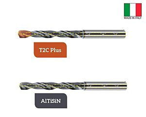 THP2.920ST-DC Punte a elica in metallo duro da Ø3.0 a Ø20.0 ad alte prestazioni, a due taglienti con fori di lubrificazione, gambo cilindrico, profondità di foratura pari a 5xØ, rivestite in AlTiSiN o T2C Plus
