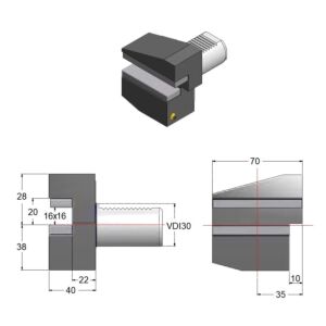GAETANO CAPORALI VDI30.B3 Portautensile 16x16mm corto Rovesciato Destro con sede trasversale, forma B3 DIN ISO 10889-3, gambo VDI 30
