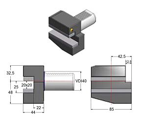 GAETANO CAPORALI VDI40.B1 Portautensile 20x20mm destro corto con sede trasversale, forma B1 DIN ISO 10889-3, gambo VDI40