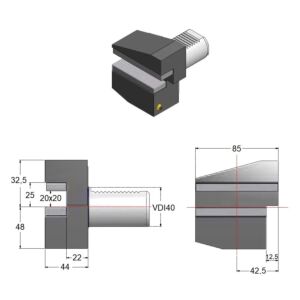 GAETANO CAPORALI VDI40.B3 Portautensile 20x20mm corto Rovesciato Destro con sede trasversale, forma B3 DIN ISO 10889-3, gambo VDI 40