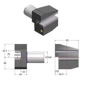 GAETANO CAPORALI VDI40.B4 Portautensile 20x20mm corto Rovesciato Sinistro con sede trasversale, forma B4 DIN ISO 10889-3, gambo VDI 40