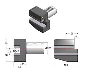 GAETANO CAPORALI VDI50.B1 Portautensile 25x25mm destro corto con sede trasversale, forma B1 DIN ISO 10889-3, gambo VDI50