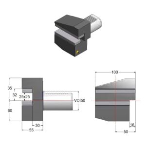 GAETANO CAPORALI VDI50.B3 Portautensile 25x25mm corto Rovesciato Destro con sede trasversale, forma B3 DIN ISO 10889-3, gambo VDI 50