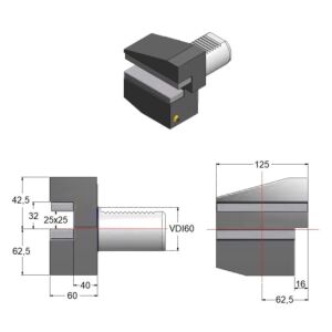GAETANO CAPORALI VDI60.B3 Portautensile 25x25mm corto Rovesciato Destro con sede trasversale, forma B3 DIN ISO 10889-3, gambo VDI 60