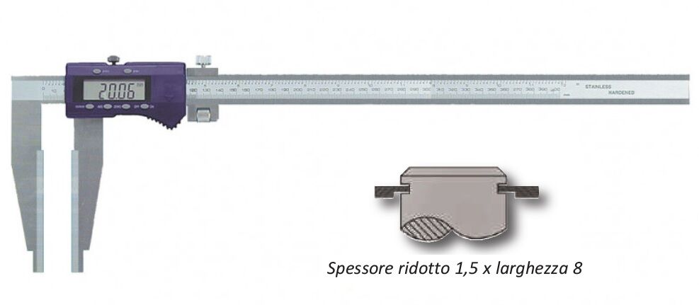 VOGEL 001.965 Calibro digitali per gole esterne strette, spessore ridotto 1.5 x larghezza 8, campo di misura 500mm, lunghezza becchi 150mm