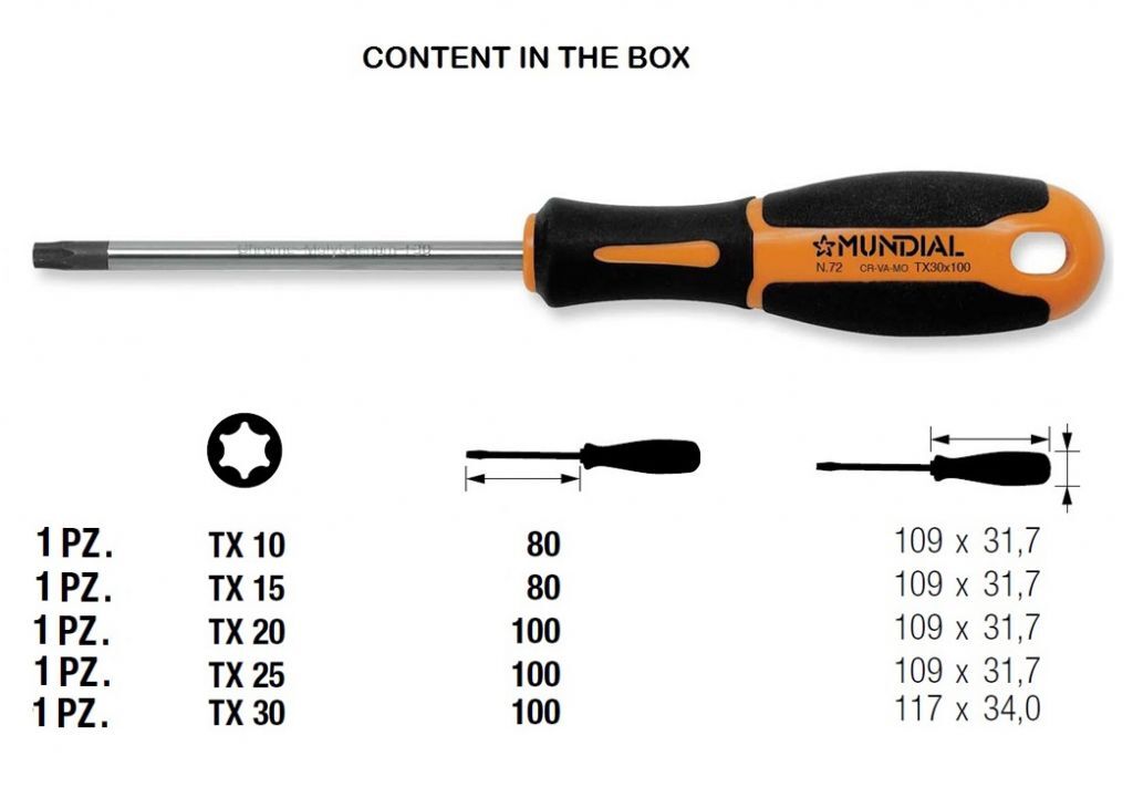 MUNDIAL 0073.010 SERIE 5 GIRAVITI PER VITI TORX acciaio chrom-vanadium-molibdeno finitura cromata punta nera - Scatola cartone