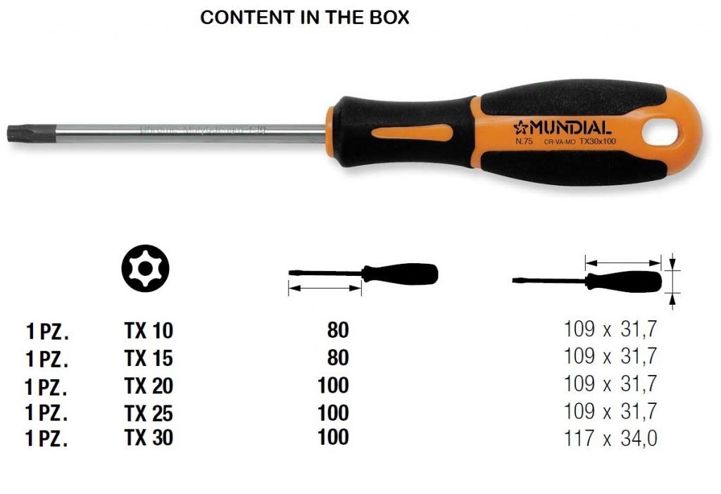 0076.010 SERIE 5 GIRAVITI TORX CON FORO - acciaio chrom-vanadium-molibdeno finitura cromata punta nera