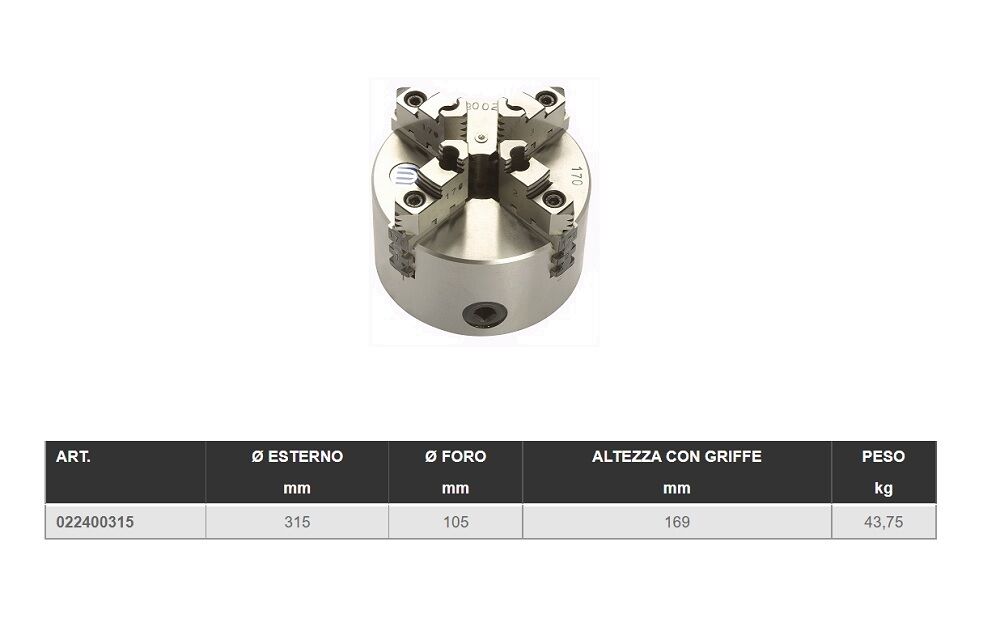LTF 022400315 Self-centering chuck 4 jaws Ø315mm, supplied with clamps, inside-outside reversible jaws, service wrench, jaw fastening screws