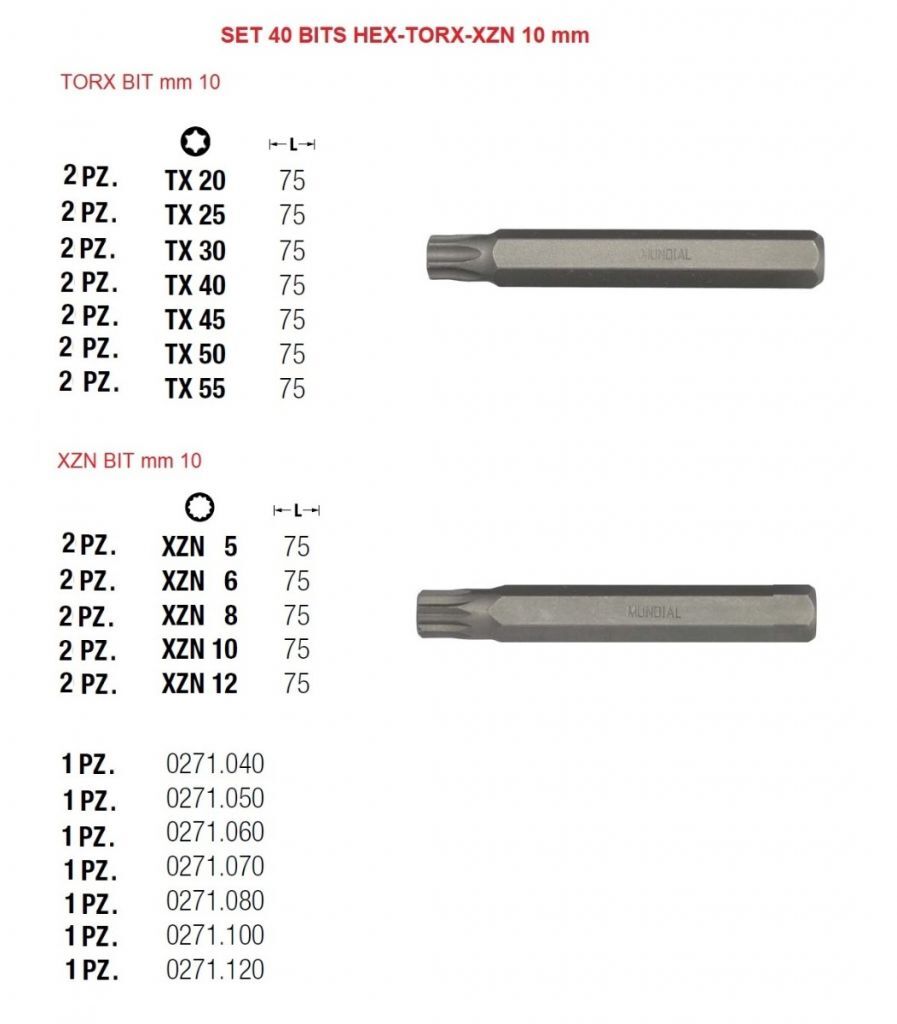 MUNDIAL 0276.010 CASSETTA 40 INSERTI ESAGONO-TORX-XZN 10 mm 3/8” - 1/2” - acciaio chrom-vanadium
