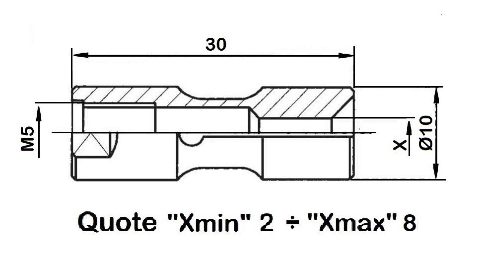 034.010 Pinza spingibarra per Caricatore LNS - TRYTON - filetto M5 - Diametro esterno 10mm disegno quote