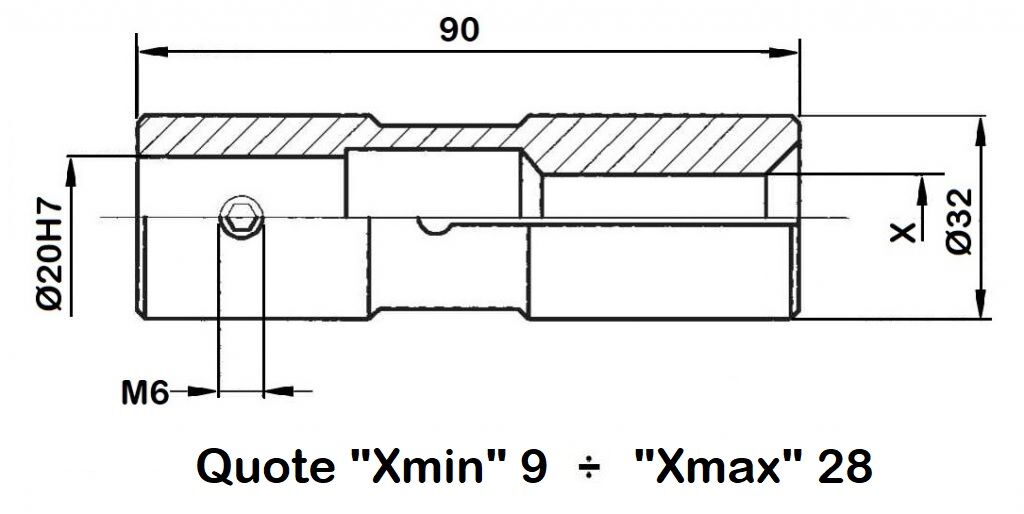 034.232 Pinza a cambio rapido per Caricatore FMB, TRAUB, HAGENUK, IEMCA, ROBOBAR, LNS, SAMECA, MINISPRINT, MINITURBO da Dia. 9 a Dia. 28m - Diametro esterno 32mm-disegno