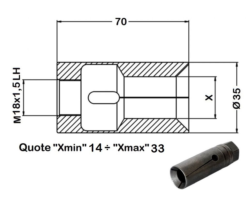 035.350 Pinza spingibarra per Caricatore Cucchi Pietro PB35 - M18x1,5 SX - da Dia. 14 a Dia. 33mm - Diametro esterno 35mm