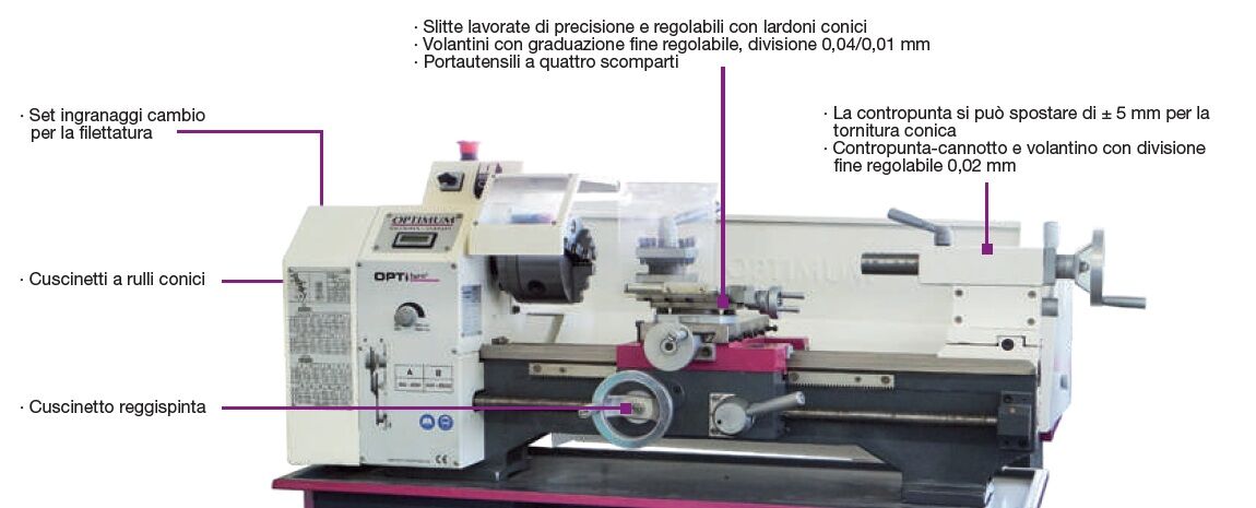 OPTIMUM 050OP0353 Tornio per il fai da te 230V, passaggio barra 21mm, potenza motore 750W, altezza punte 125mm, distanza punte 550mm - Modello TU 2406