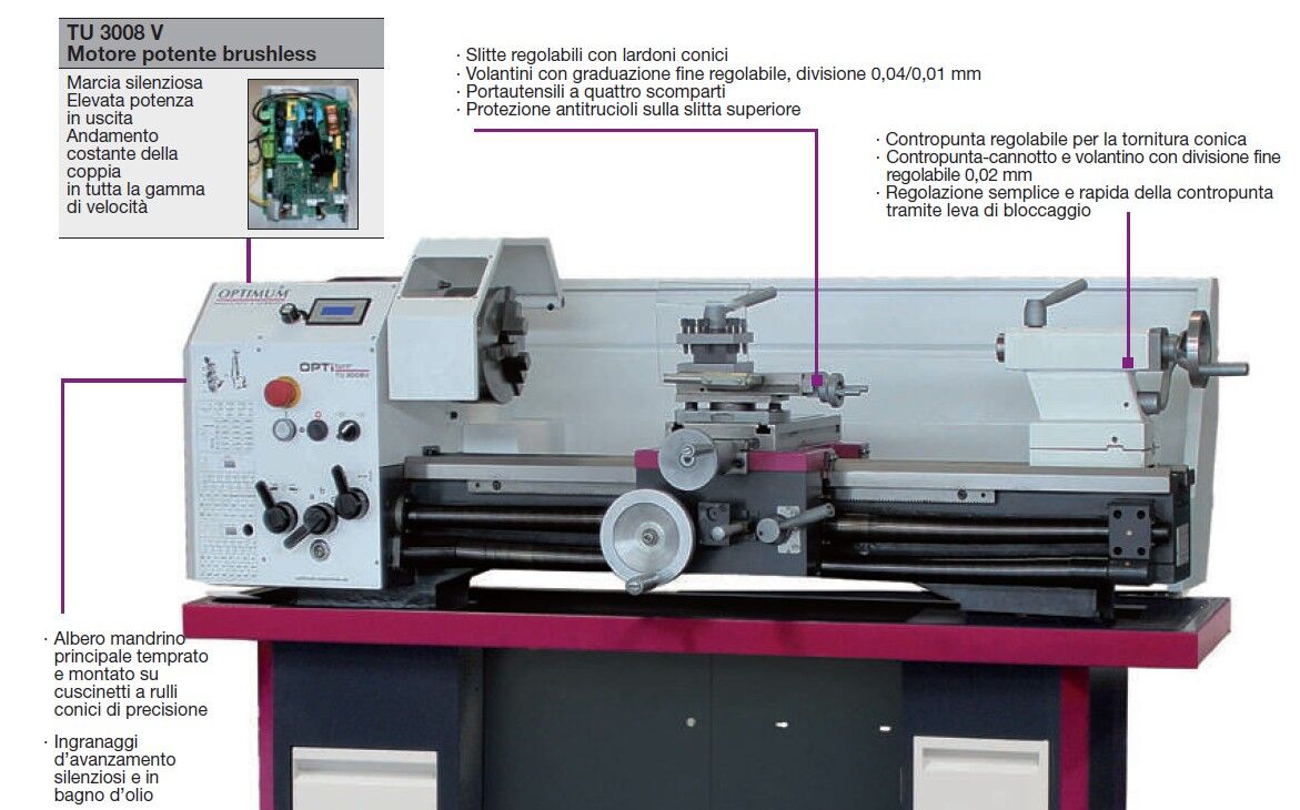 OPTIMUM 050OP7210 Lathe with Longitudinal and Cross Feed 400V, bar passage 38mm, Motor Power 1.5 kW, Center Height 158mm, Distance Between Centers 720mm - Model TU 3008 G