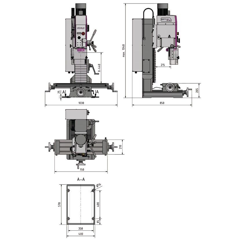 OPTIMUM 058OP8165 Trapano-fresatrice universale con cambio manuale, foratura max. Ø32mm, 1.5 kW