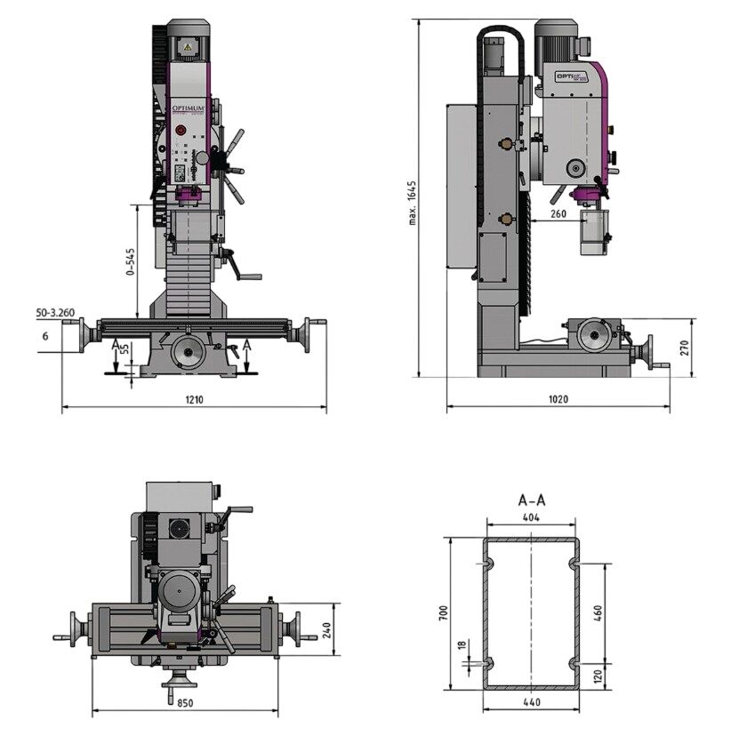 OPTIMUM 058OP8185 Trapano-fresatrice universale con cambio manuale, foratura max. Ø38mm, 2.2 kW, potenza 400V