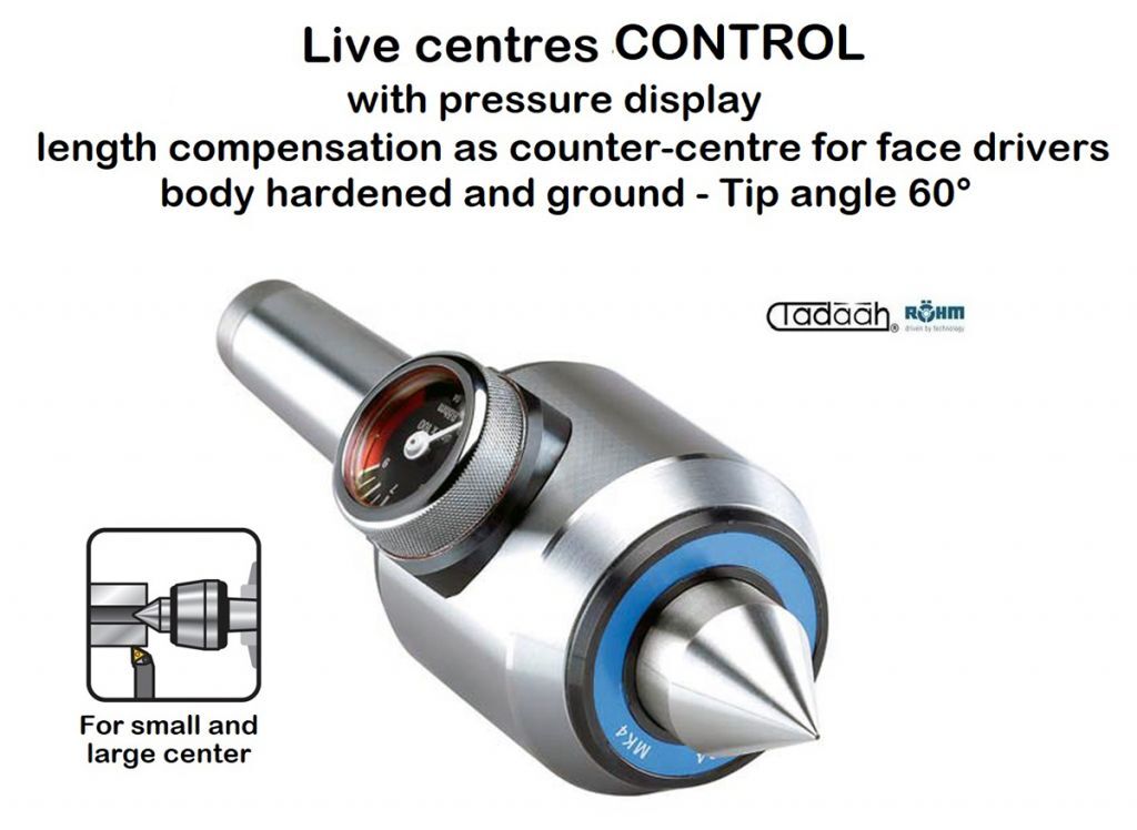Live centres Röhm CONTROL, mount MT, with pressure display and length compensation as counter-centre for face drivers, body hardened and ground - tip angle 60°