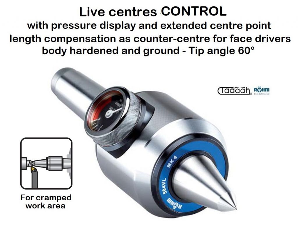 Mitlaufende Zentrierspitzen Röhm CONTROL, Morsekegel MK4 - MK5 - MK6, mit Druckanzeige, Längenausgleich und verlängerter Laufspitze, Körper gehärtet und geschliffen - Spitzenwinkel 60°
