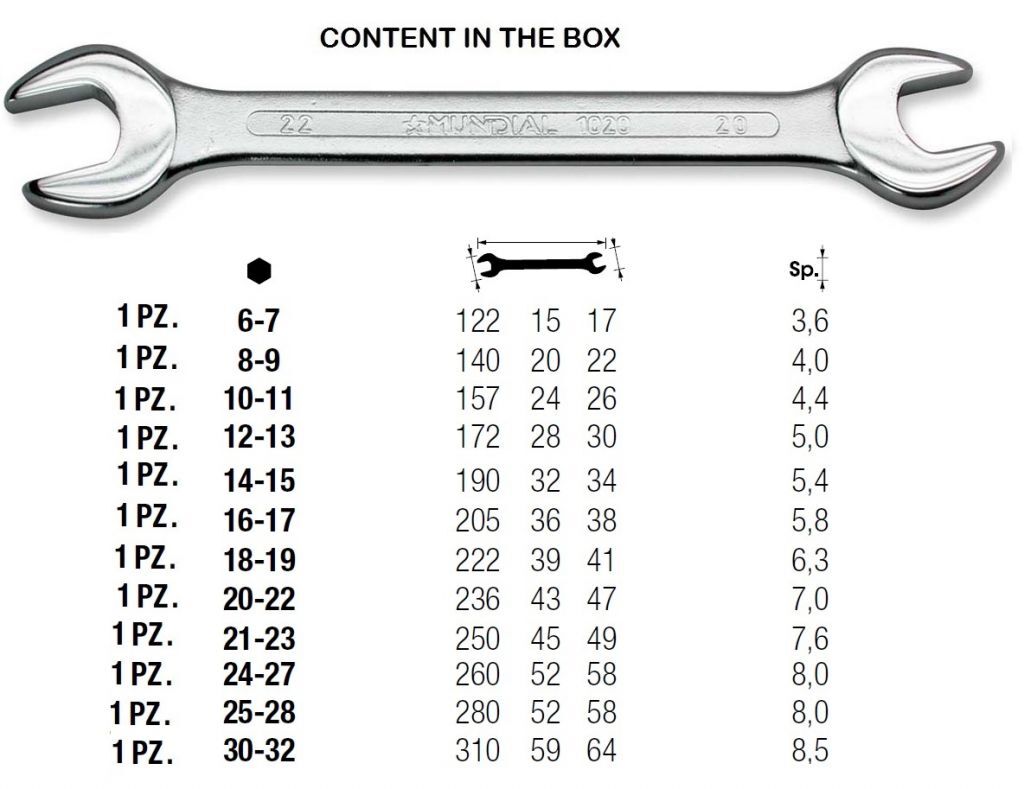 MUNDIAL 1021.120 SERIE 12 CHIAVI A FORCHETTA finitura cromata teste lucide - Scatola cartone