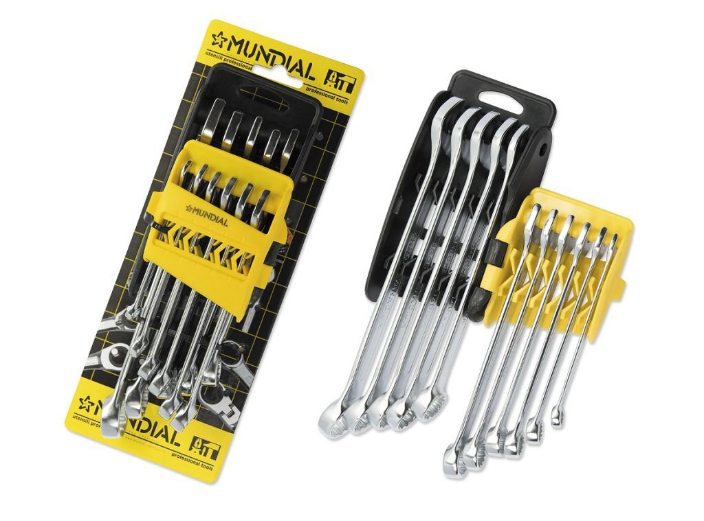 MUNDIAL 1031.210 Set of 11 professional combination wrench in chrom-vanadium steel combination spanners with polished chrome heads - Compact plastic clip