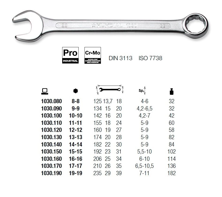 MUNDIAL 1031.210 Set of 11 professional combination wrench in chrom-vanadium steel combination spanners with polished chrome heads - Compact plastic clip