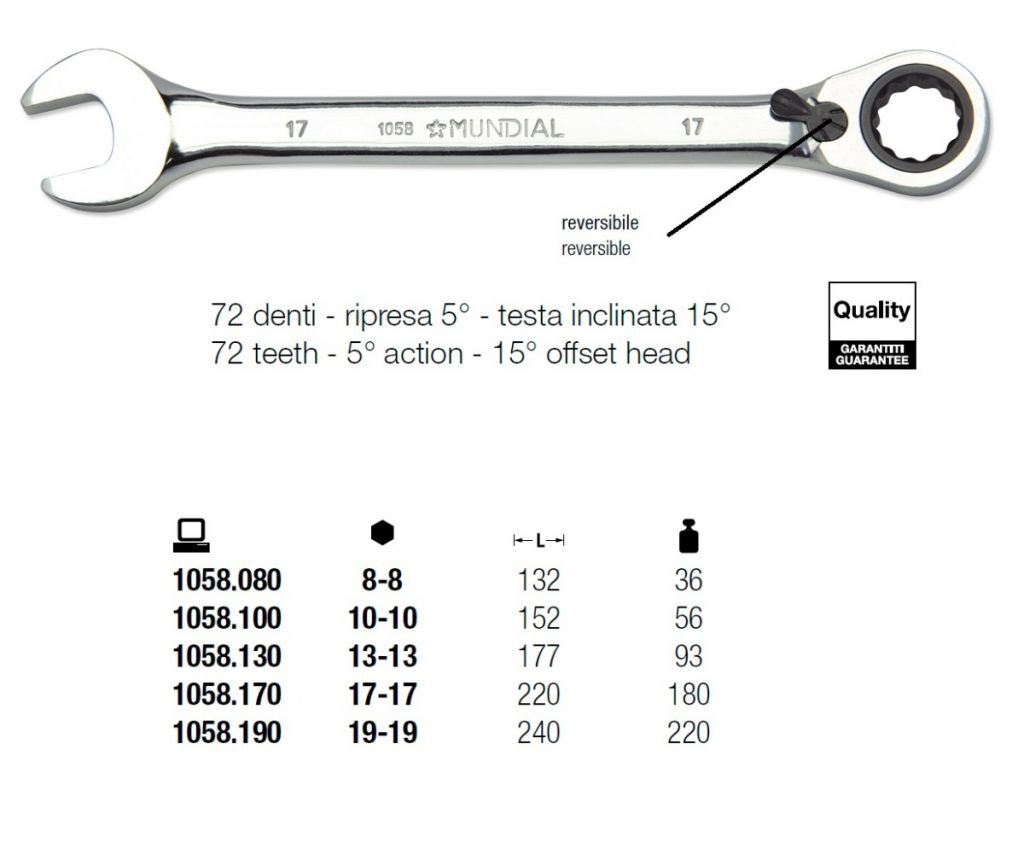 MUNDIAL 1058.905 Serie di 5 chiavi combinate professionali a cricchetto reversibile - 72 denti - Ripresa 5° - Testa inclinata 15°