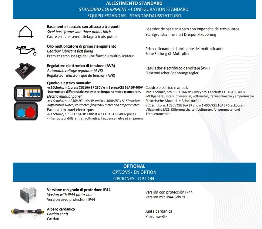 CGM 10TR Gruppi Elettrogeni srl  Generatore 3000 Giri/mn con attacco tre punte per trattori con potenza 20Hp, regolatore elettronico di tensione (AVR), 400V