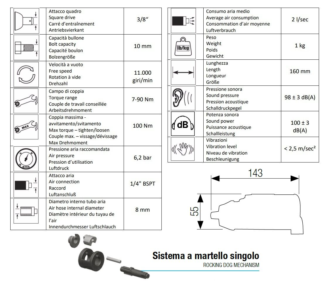 12101011 AIRTEC Pneumatischer Schlagschrauber mit 3/8"-Anschluss Modell 491/P, ausgestattet mit Mehrstellungseinsteller, maximales Drehmoment 90Nm