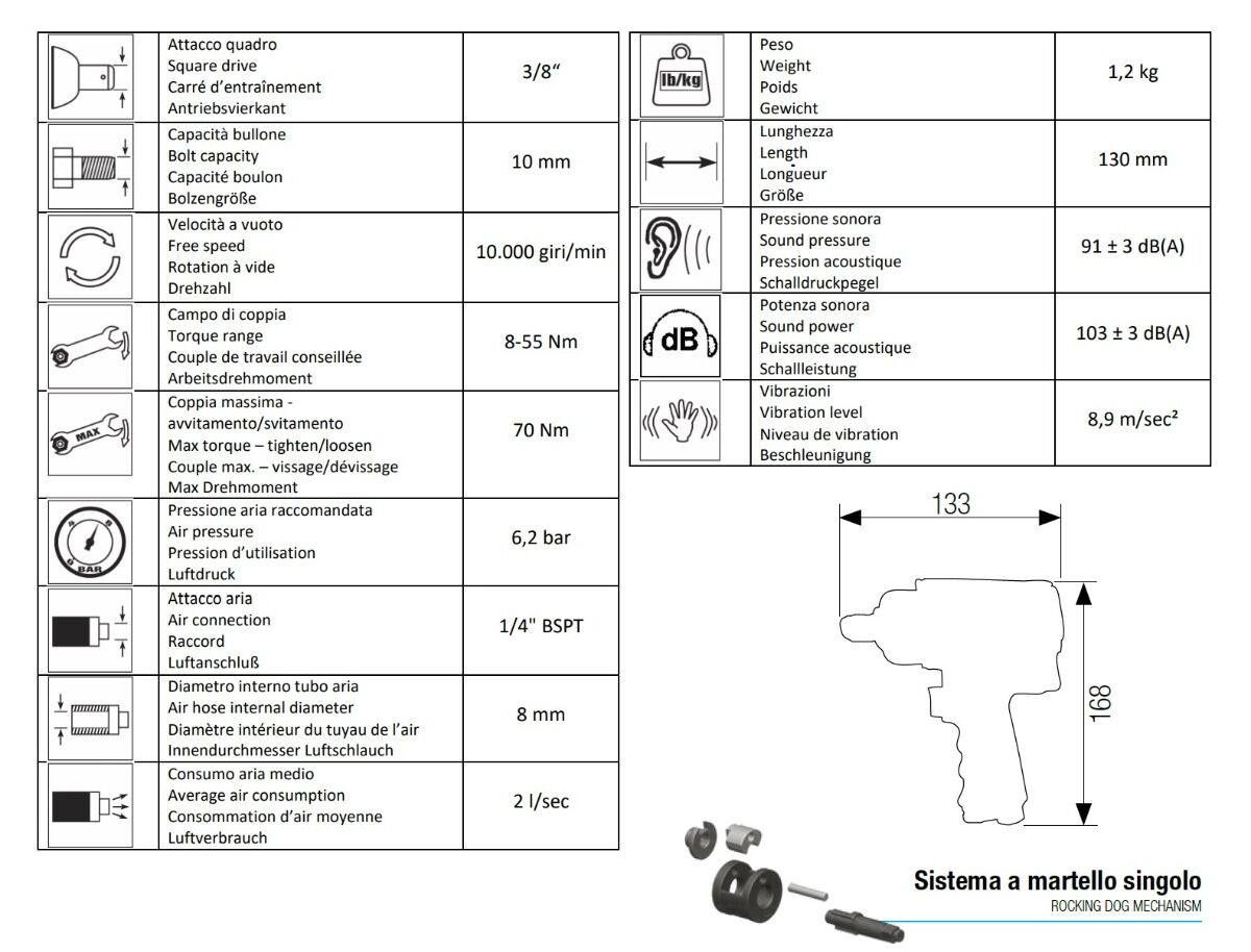 12101015 AIRTEC Avvitatore pneumatico ad impulsi con attacco 3/8" modello 490/P,  leggero ed ergonomico con regolatore di potenza progressivo, coppia massima 85Nm