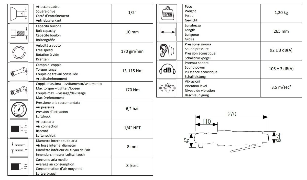 AIRTEC 12101031 Pneumatischer Ratschenschlüsselsatz 1/2" umschaltbar Modell 482/K, 7 Steckschlüssel-Einsätze 1/2", 3 Einsätze 30mm, Gelenk 1/2", maximales Drehmoment 115Nm