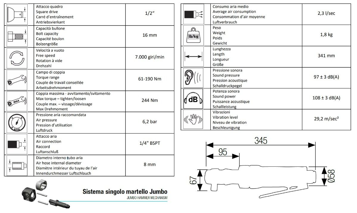 12102032 AIRTEC 1/2" pneumatischer Winkelschlagschrauber Modell 472, mit 63mm Kopf, maximales Drehmoment 190Nm