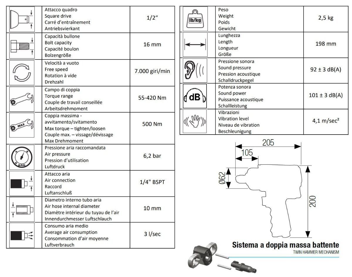 AIRTEC 12102044 Avvitatore pneumatico ad impulsi 1/2" in valigetta modello 462/K a doppia massa battente, coppia massima 420Nm
