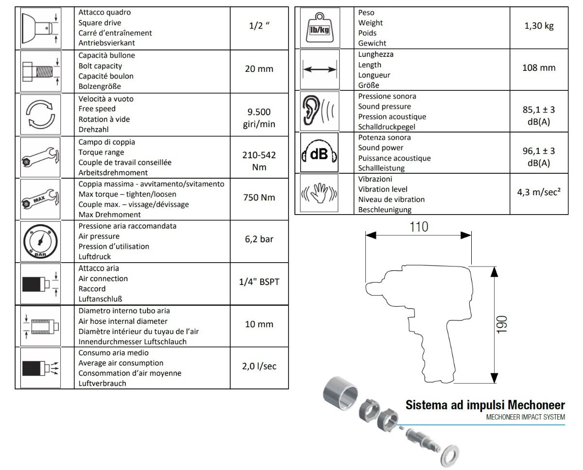 12102052 AIRTEC Pneumatic mini-impulse screwdriver with 1/2" coupling model 352, max nut release torque 1,200 Nm, equipped with Mechoneer's rebound system, maximum torque 542Nm