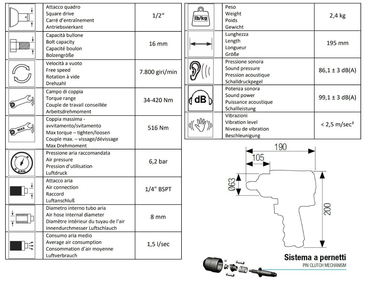 AIRTEC 12102077 Kit avvitatore pneumatico a impulsi con attacco 1/2" modello 453/K, completo di 10 bussole, coppia massima 420Nm