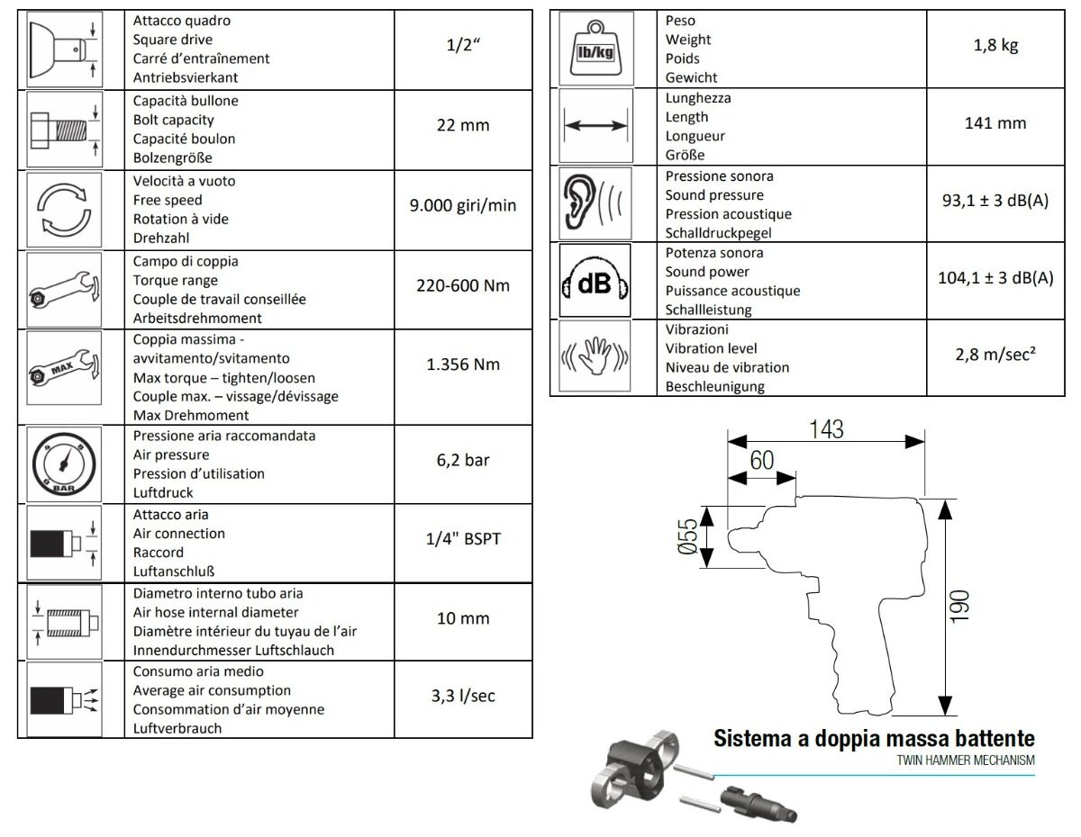 12102084 AIRTEC Äußerst ergonomischer und kompakter Schlagschrauber,1/2" vom Modell 457,  sehr leistungsstark. Abluft im Haltegriff und Luftregulator mit 3 Stellungen für die Richtung der Rotation. maximales Drehmoment 600Nm