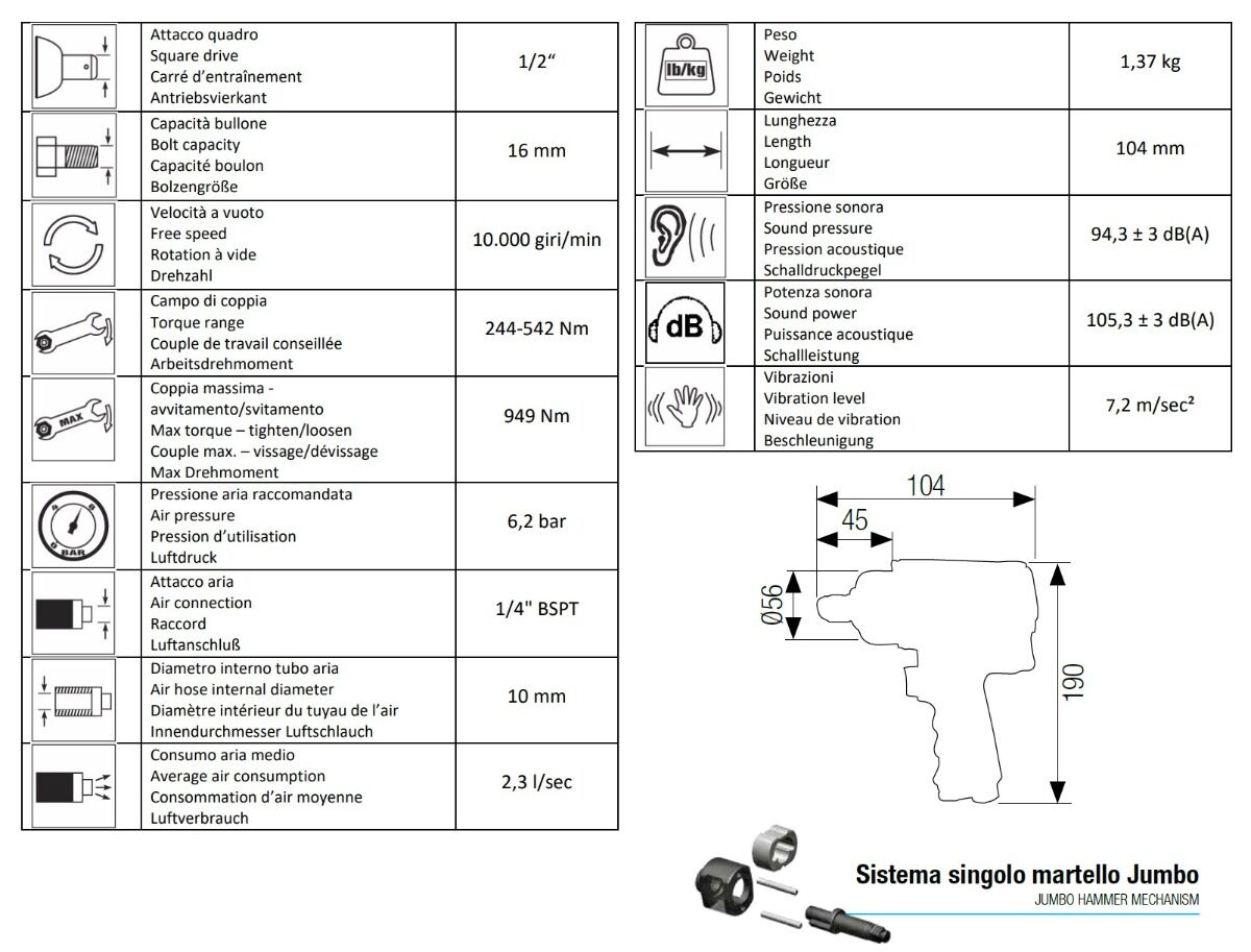 12102087 AIRTEC Avvitatore pneumatico ad impulsi con attacco 1/2" modello 458, con foro per ingrassaggio nell'albero, coppia massima 542Nm