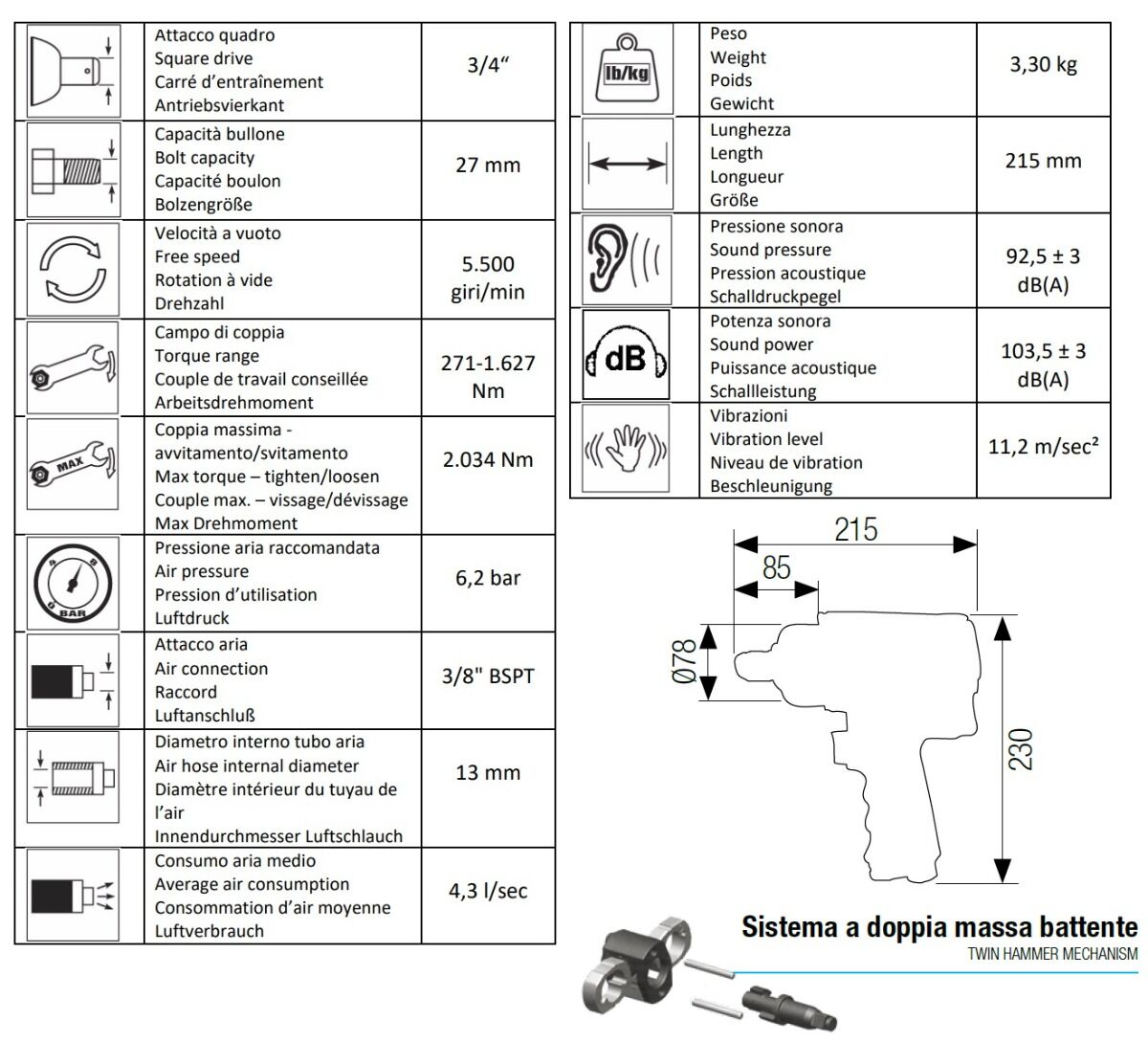12103040 AIRTEC Avvitatore pneumatico ad impulsi professionale 3/4" modello 320 leggero ed ergonomico con scarico dell'aria nell'impugnatura, coppia massima 1627Nm