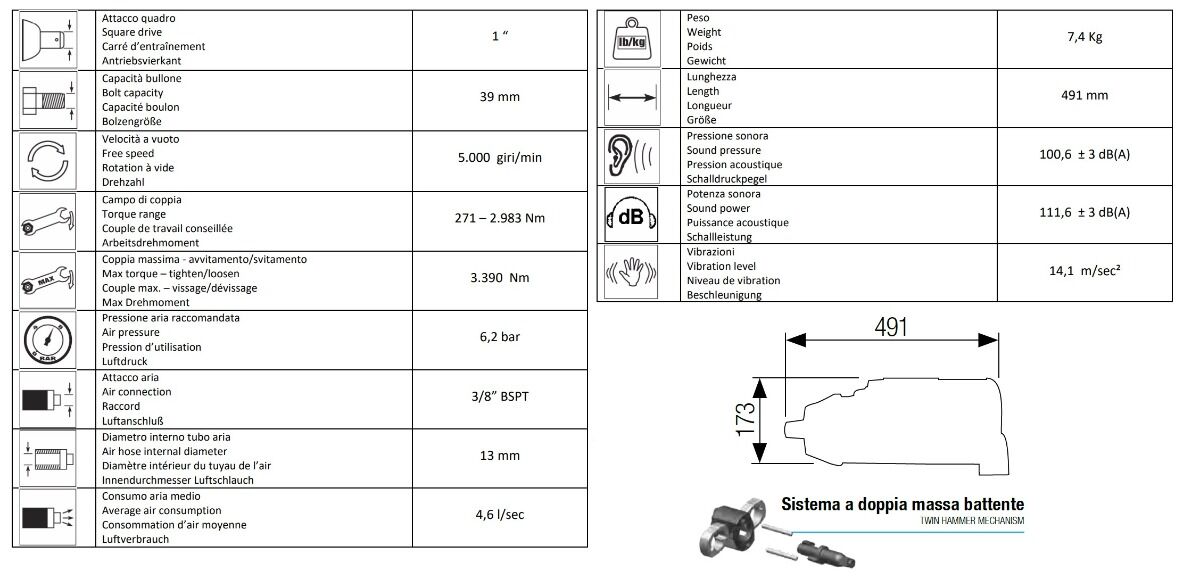 12106068 AIRTEC Pneumatic impact wrench 1" with rear handle model 814D LL, double-mass impact wrench with extended shaft, maximum torque 2983Nm