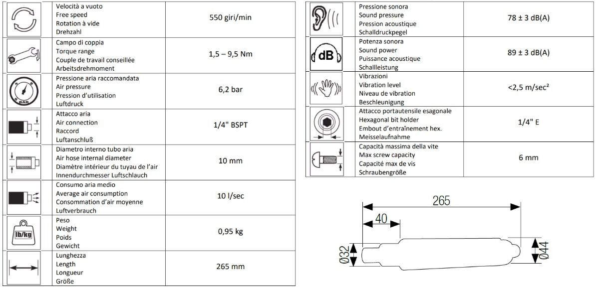 AIRTEC 12302032 Cacciavite reversibile dritto pneumatico modello 632, con meccanismo di arresto automatico dell'aria, coppia massima 9.5Nm