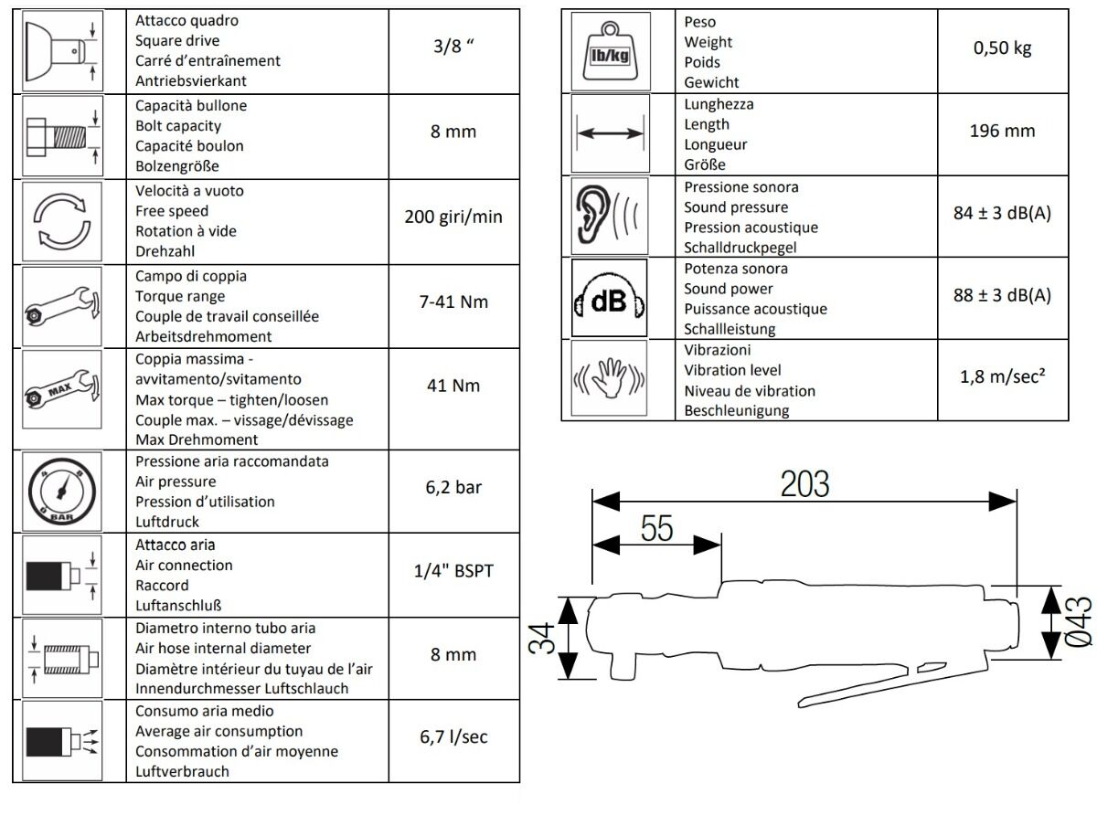 12301006 AIRTEC 3/8" Pneumatic Reversible ratchet wrench model 401, with composite body and swivel air intel, maximum torque 41Nm