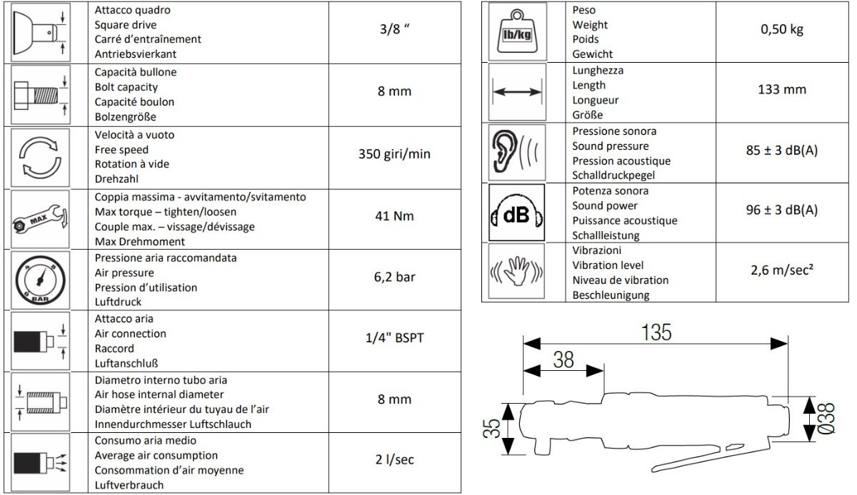 AIRTEC 12301008 Mini avvitatore - chiave pneumatico a cricchetto 3/8" reversibile modello 403, albero bombato per un utilizzo più flessibile, coppia massima 41Nm