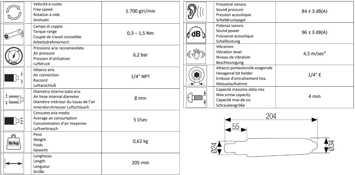AIRTEC 12301090 Cacciavite pneumatico reversibile dritto modello 603 con capacità di 4mm, avviamento a leva, scarico posteriore e frizione regolabile interna, coppia massima 1.5Nm